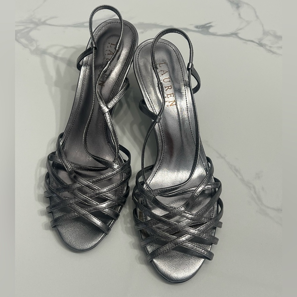 RALPH LAUREN sling back metallic silver shoes 7.5  heel 2.5”
Excellent condition